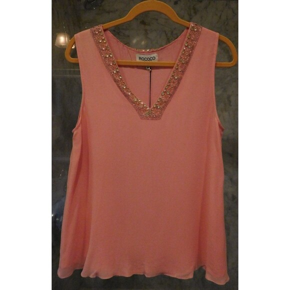 Gorgeous NWT ROCOCO SAND 100% Silk Sleeveless Peach Beaded Trim Blouse Medium - Picture 1 of 7